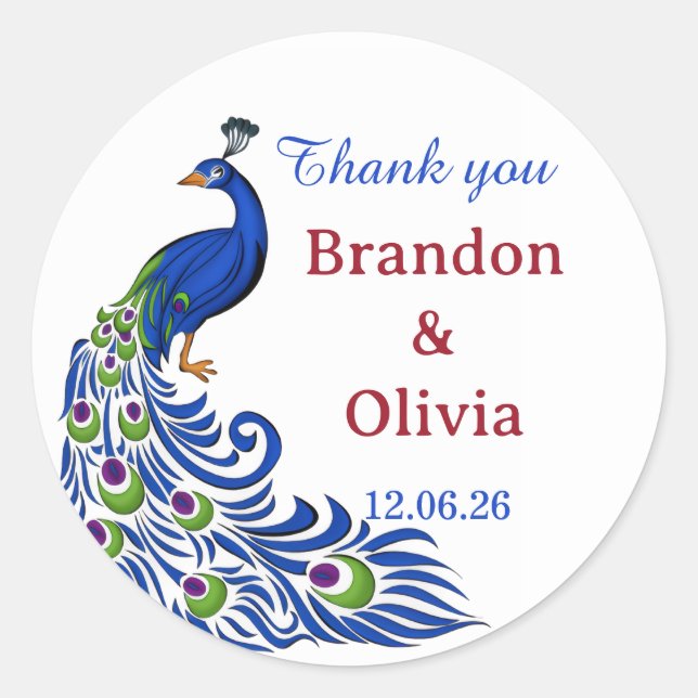 Adesivo Redondo Royal Blue Peacock Wedding Stickers & Labels (Frente)