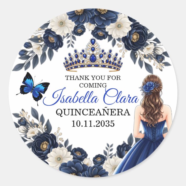 Adesivo Redondo Royal Blue Quinceañera Butterfly Favor Sticker (Frente)
