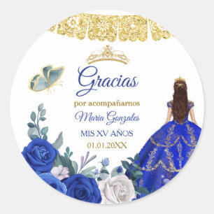 Adesivo Redondo Royal Blue Quinceañera Favor Obrigado Tag do Prese