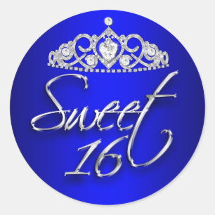 Adesivo Redondo Royal Blue & Silver Sparkle Tiara Sweet 16 Sticker