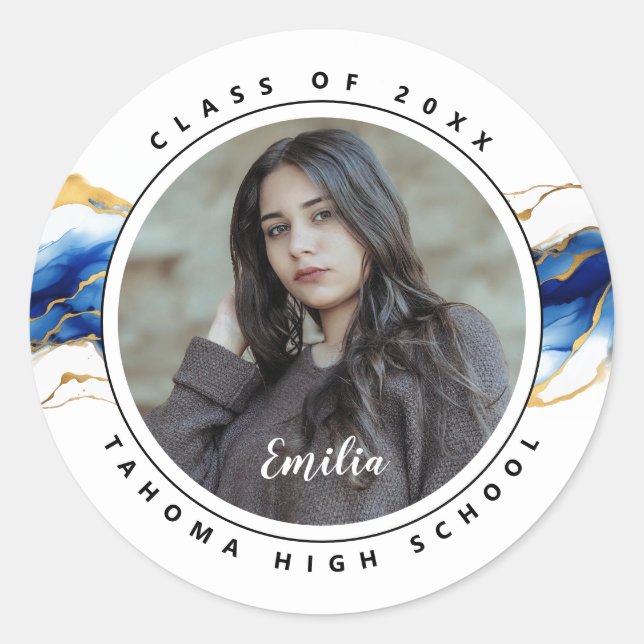 Adesivo Redondo Royal Blue Yellow Dourado Photo Graduation (Frente)