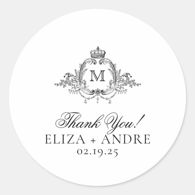 Adesivo Redondo Royal Crest Elegante Wreath Monograma Obrigado (Frente)