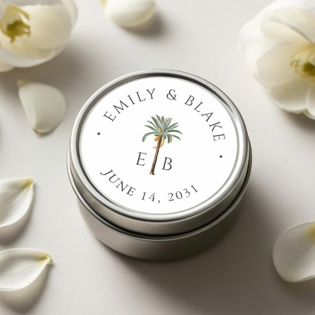 Adesivo Redondo Royal Palm Logo Elegant Tropical Monogram Wedding (Criador carregado)