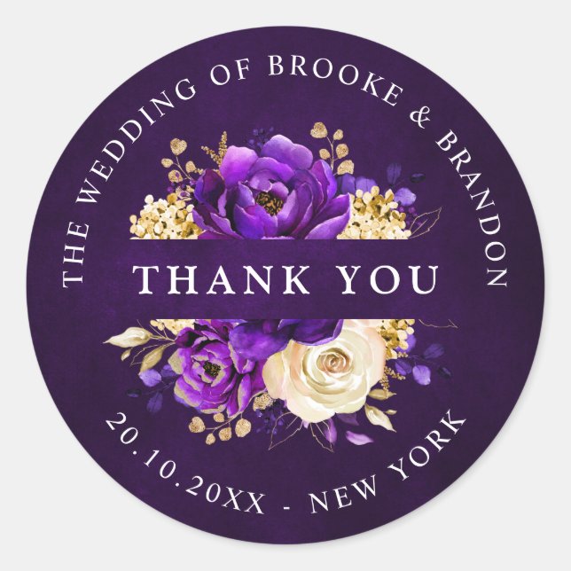 Adesivo Redondo Royal Purple Violet Dourado Botânico Obrigado Clas (Frente)