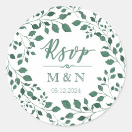 Adesivo Redondo RSVP | Casamento de Wreath Monograma de Folhas Ver