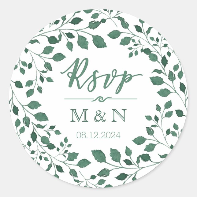 Adesivo Redondo RSVP | Casamento de Wreath Monograma de Folhas Ver (Frente)