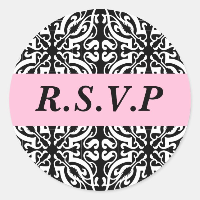 Adesivo Redondo RSVP - Personalizável (Damasco Preto e Branco) (Frente)