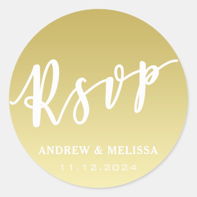 Adesivo Redondo RSVP | Vinheta Dourada de Casamento Faux Script de (Frente)