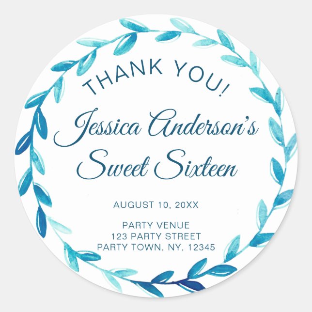 Adesivo Redondo Rua Azul Rústica Doce Dezesseis Obrigado (Frente)