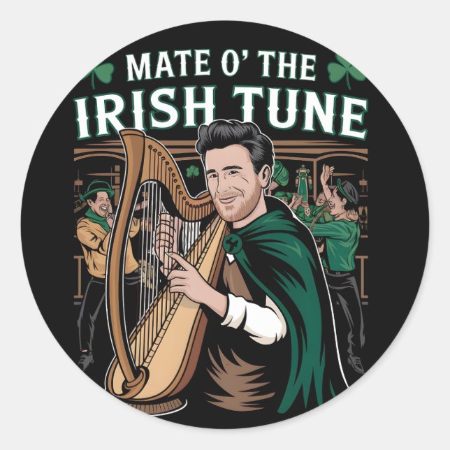 Adesivo Redondo Rua do Jogador de Harp Celta. Design do Dia de Pat (Frente)