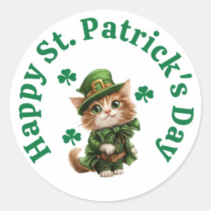 Adesivo Redondo Rua Feliz de Gato Bonito Leprechaun. Dia de Patric