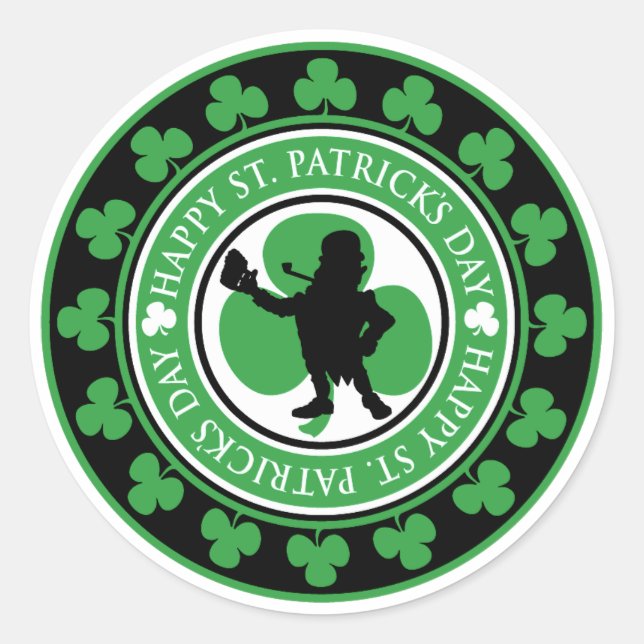 Adesivo Redondo Rua Feliz, Leprechaun Shamrocks no Dia de Patrick (Frente)