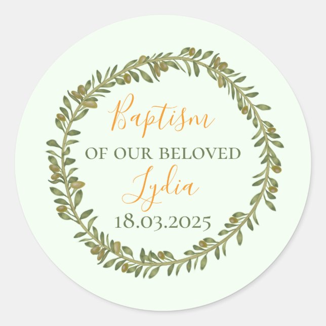 Adesivo Redondo Rua Oliveira Personalizada do Batismo (Frente)