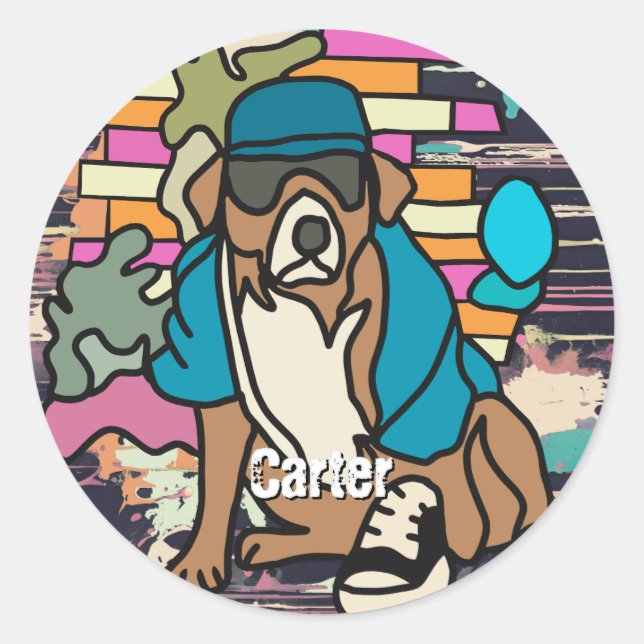 Adesivo Redondo Rua Retro Cachorro, Boné e tênis | Engraçado (Frente)