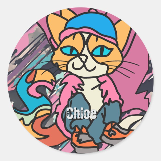 Adesivo Redondo Rua Retro Cat, Boné e tênis| Engraçado (Frente)