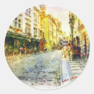 Adesivo Redondo Ruas da aguarela velha de Praga