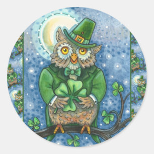 ADESIVO REDONDO RUAS. PATRICK DAY OWL, 4 LEAF CLOVER LEPRECHAUN