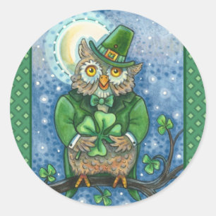 ADESIVO REDONDO RUAS. PATRICK DAY OWL, 4 LEAF CLOVER LEPRECHAUN