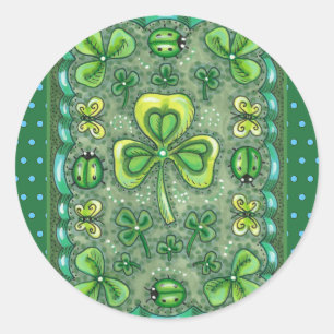 ADESIVO REDONDO RUAS. PATRICK'S DAY FOLK ART SHAMROCKS N' LADYBUGS