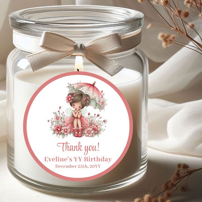 Adesivo Redondo Rubescer Rosa Caprichosa Fada Flores Menina Aniver (Blush Pink Whimsical Fairy Flowers Girl Birthday Stickers)
