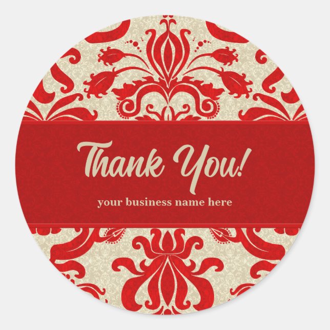 Adesivo Redondo Ruby Red e Taupe Damask Perfeito para Empresas (Frente)