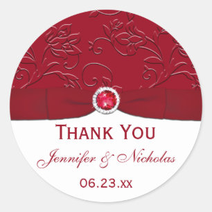 Adesivo Redondo Ruby Red e White Floral Weding Favor Sticker