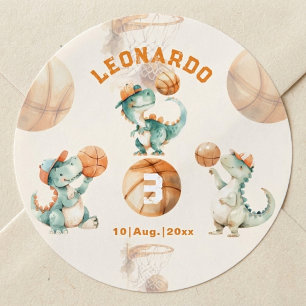 Adesivo Redondo Rugir e Marcar Basquete Dino Menino Aniversário