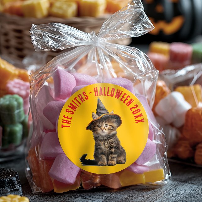 Adesivo Redondo Ruiva Rústica, Gatinho Laranja, Dia das Bruxas (Criador carregado)