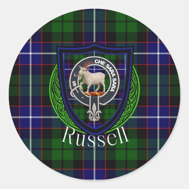 Adesivo Redondo Russell Scottish Clan Tartan & Crest (Frente)