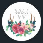 Adesivo Redondo Russo Boho Red Floral Stag Antlers Monograma<br><div class="desc">Se precisar de mais alguma personalização,  por favor,  sinta-se à vontade para me enviar uma mensagem em yellowfebstudio@gmail.com.</div>