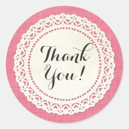 Adesivo Redondo Russo Country Lace Doily em Rosa Quente Obrigado