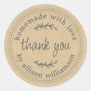 Adesivo Redondo Russo Homemade With Love Kraft Paper Obrigado