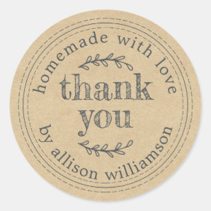 Adesivo Redondo Russo Homemade With Love Kraft Paper Obrigado Cl