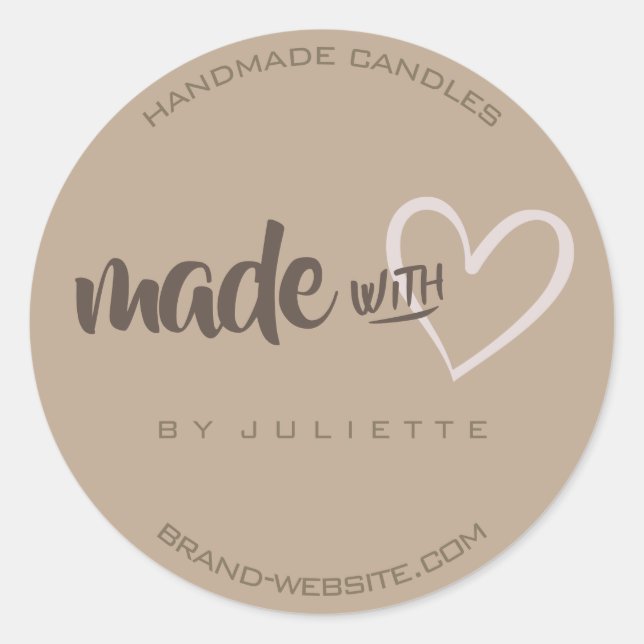 Adesivo Redondo Russo Moderno Feita com Amor Castanho Natural (Frente)