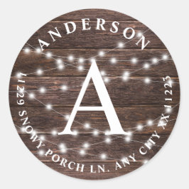 Adesivo Redondo Russo Wood String Luzes Monograma endereço de reto