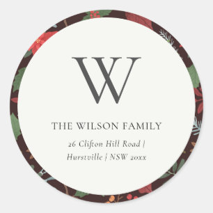 Adesivo Redondo Rust Brown Berry Christmas Flora Monograma Endereç
