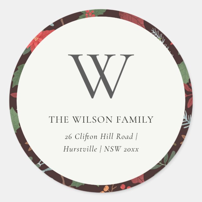 Adesivo Redondo Rust Brown Berry Christmas Flora Monograma Endereç (Frente)