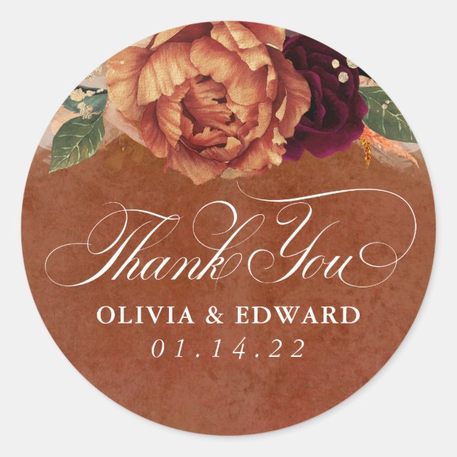 Adesivo Redondo Rust Terracotta Floral Pampas Grass Obrigado (Frente)