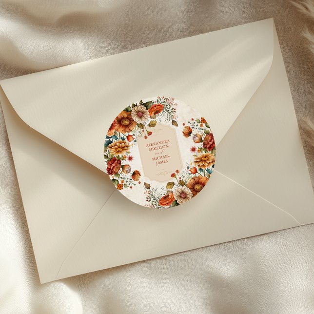 Adesivo Redondo Rust Terracotta Flowts Casamento outono Laranja Qu (Criador carregado)