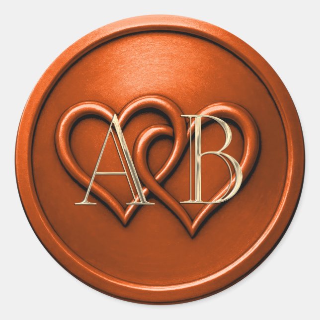 Adesivo Redondo Rust Two Hearts Intertwined Monogram Wedding (Frente)
