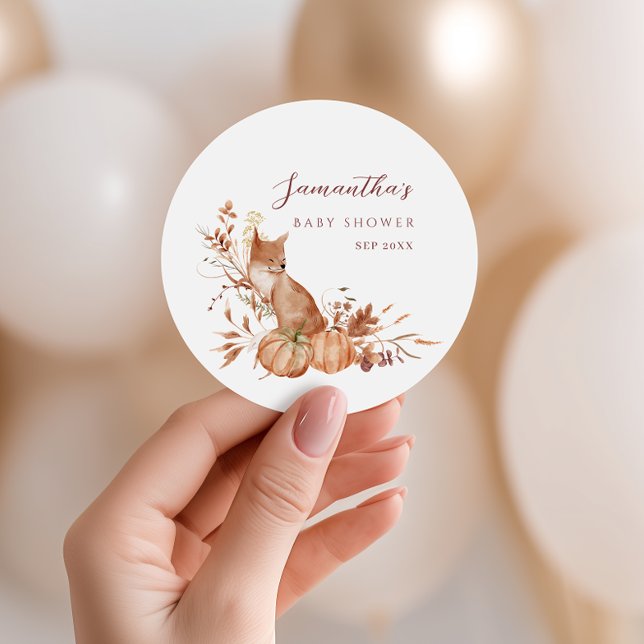Adesivo Redondo Rustic Autumn Terracotta Fox Pumpkin Baby Shower (Criador carregado)