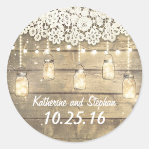 Adesivo Redondo Rustic Barn Mason Jar Lights and Lace Weds