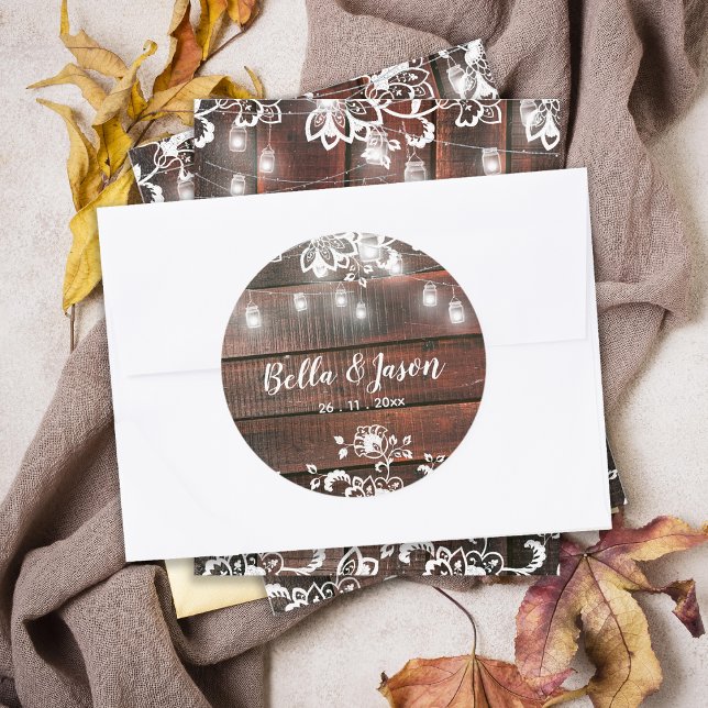 Adesivo Redondo Rustic Barn Wood Lace String Lights Wedding (Rustic Barn Wood String Lights Wedding Envelope Seal Sticker | Lace Rustic Wedding Sticker)