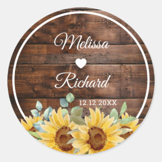 Adesivo Redondo Rustic Barn Wood Sunflower Country Wedding Favor