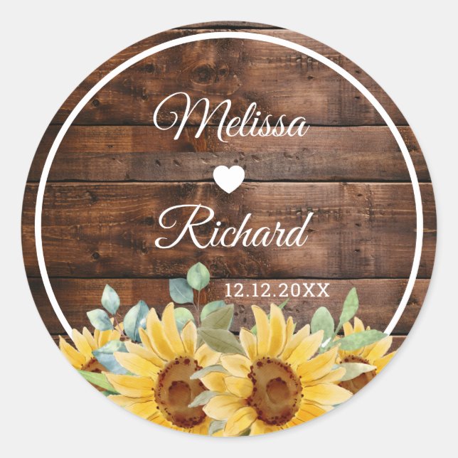 Adesivo Redondo Rustic Barn Wood Sunflower Country Wedding Favor (Frente)