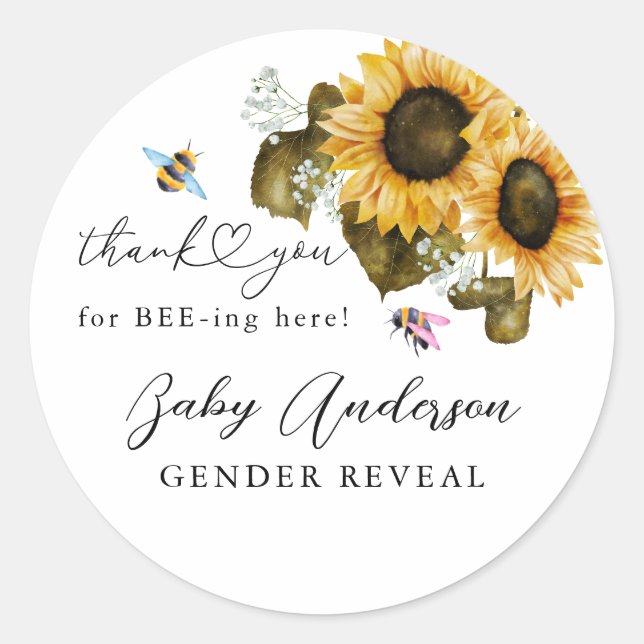 Adesivo Redondo Rustic Bee Sunflower Gender Reveem Party Favor (Frente)