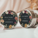 Adesivo Redondo Rustic Bloom | Floral Wreath Wedding<br><div class="desc">Coloque o seu convite em envelopes ou favores com estes elegantes adesivos florais de casamento que contêm os seus nomes enquadrados por uma coroa de rosas e mães de aquarelas em ricos tons de outono de burgundy, marsala, rosa-pincel e marfim, com folhas verdes escuras e folhagem. Projetado para coordenar com...</div>