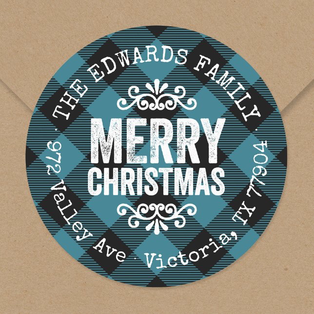 Adesivo Redondo Rustic Blue Buffalo Check Holiday Endereço de Devo (Criador carregado)