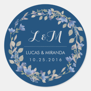 Adesivo Redondo Rustic Blue Floral Wreath Weding Sticker