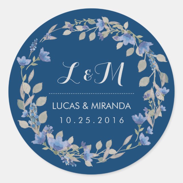Adesivo Redondo Rustic Blue Floral Wreath Weding Sticker (Frente)